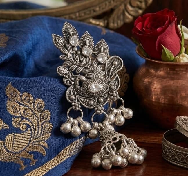 Harishree Enterprise Boho-Chic Oxidized Silver Peacock Brooch Pin with Vibrant Kundan Inlays-image-23