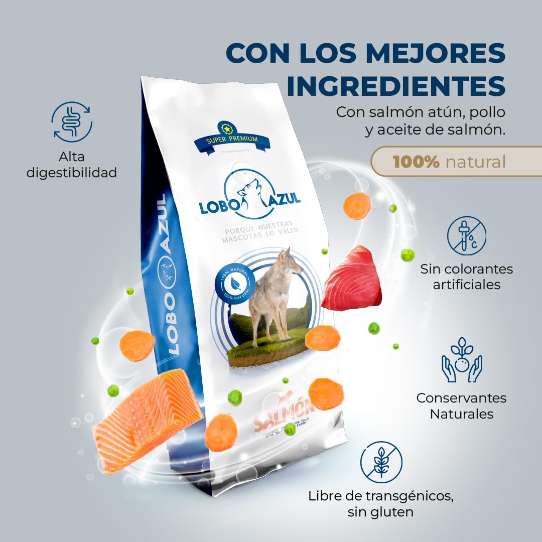 Pienso Salmón para Perros Adultos - Comida Natural con Salmón, Libre de transgénicos, Sin Gluten. - Alimento Hipoalergénico y Digestible - Lobo Azul Supreme 15kg