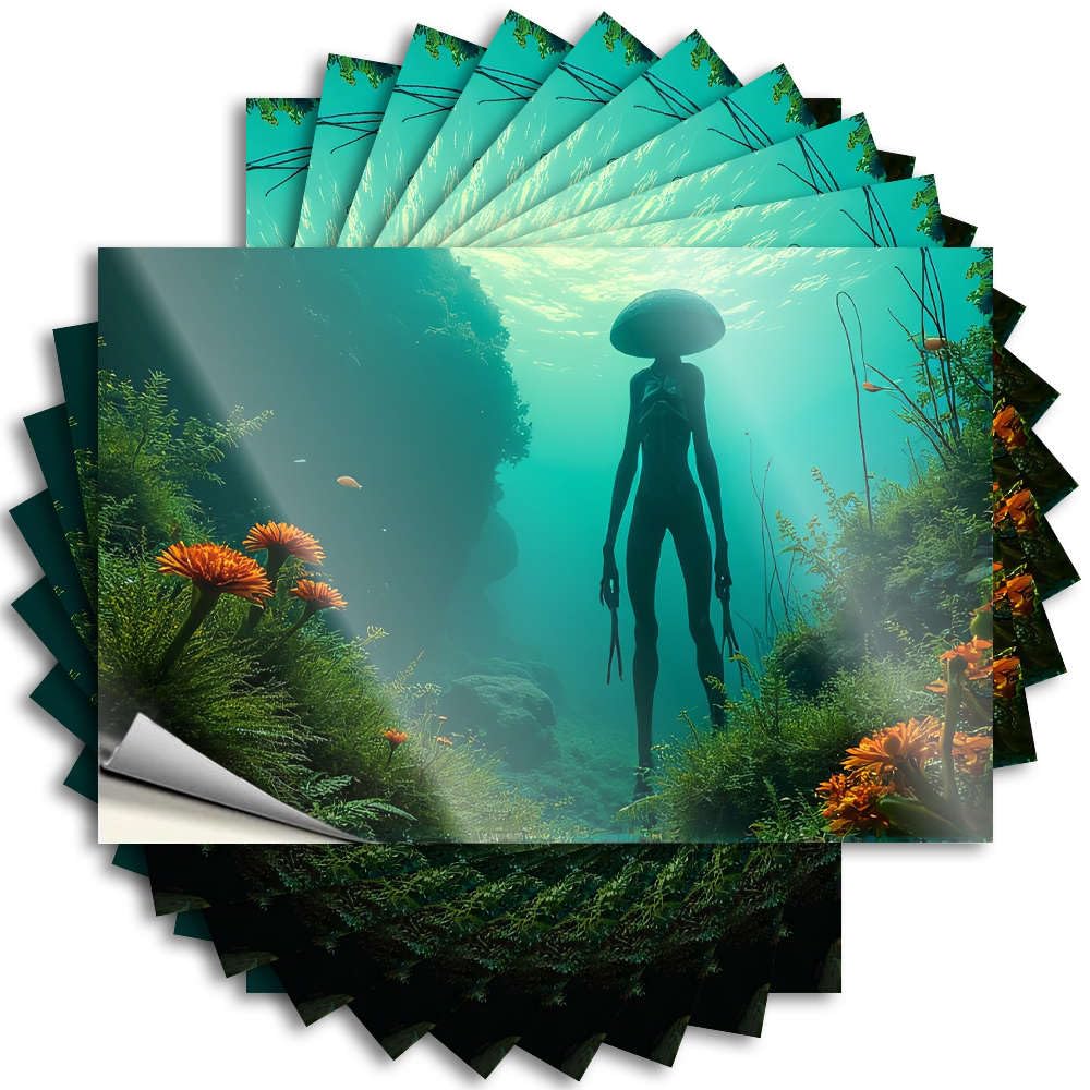 Fzfn Colour Backyard Accessories Feminist Decal - An Alien Figure Stands Amidst Vibrant Underwater Flora. Removable Decal Garage Easy Peel For Spring(6X9cm)