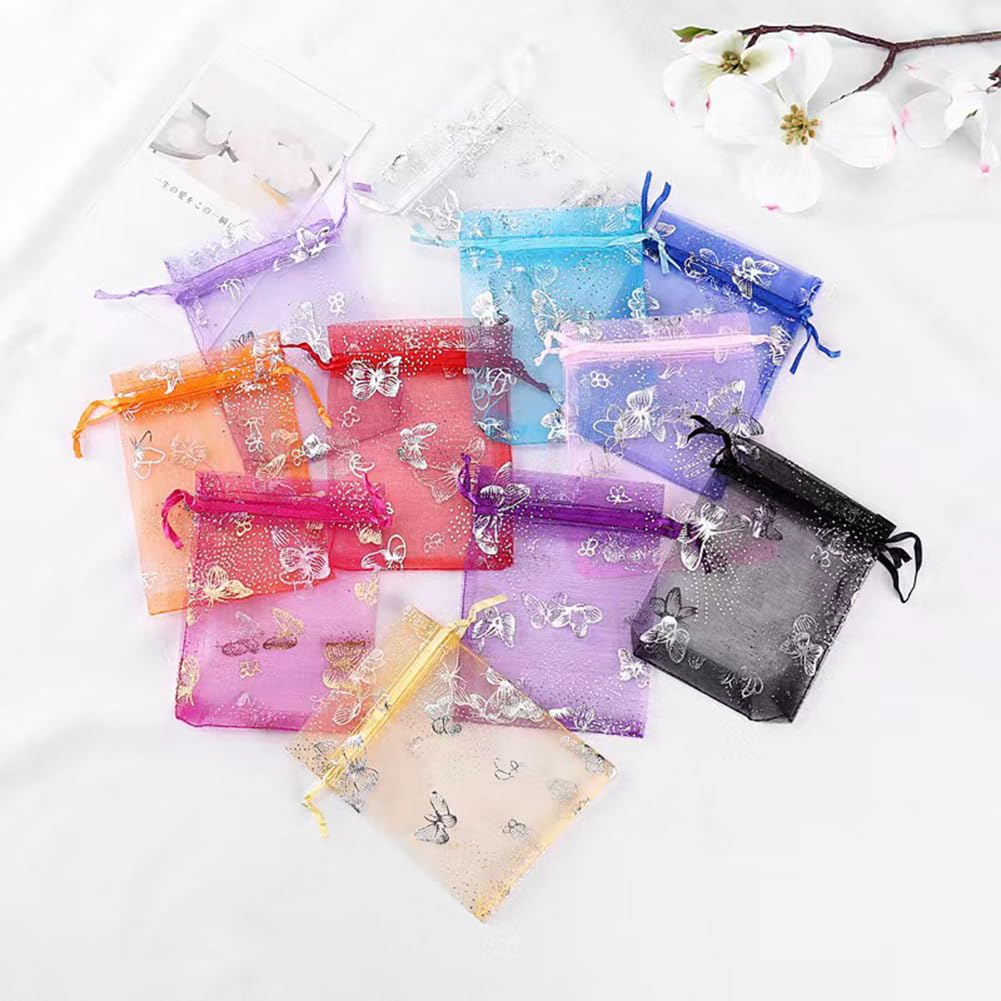 50 Stück Organzasäckchen mit Kordelzug 10×12cm Organzabeutel Schmetterling Muster Organza Geschenkbeutel Tüll Schmuckbeutel Geschenksäckchen für Schmuck Kosmetik Süßigkeiten Mischfarben