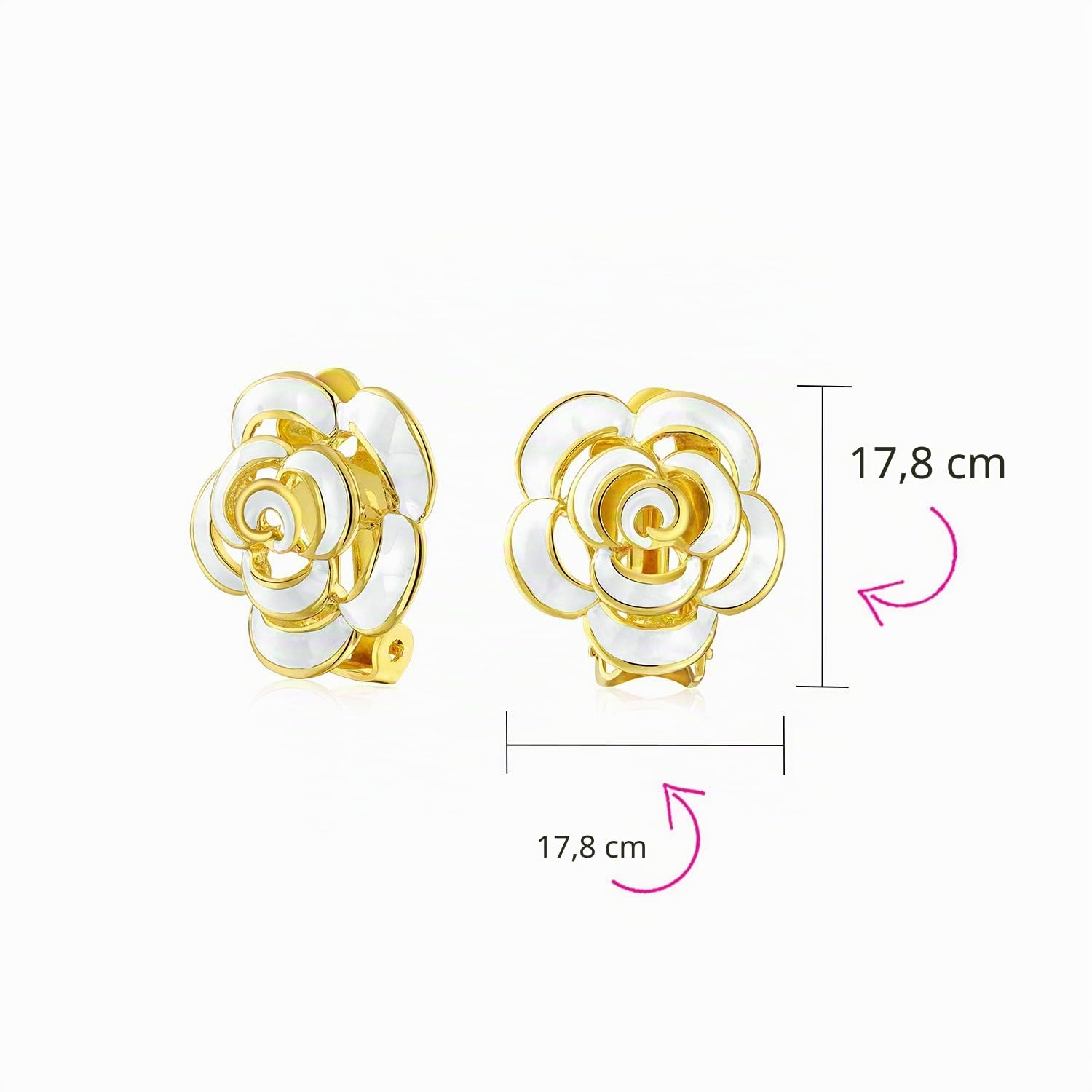 Set di due orecchini a clip in smalto fashion 3D bianco e blu a forma di rosa, stile bottone, per orecchie non forate, placcati in oro 14K.