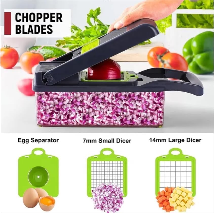 Image of 14 in 1 Vegetable Chopper Mandoline Slicer with 8 Stainless Steel Blades - Multifunctional Onion Cutter, Dicer, Grater, Peeler & Chipser with Drain Basket & Container - Kitchen Gadgets Set