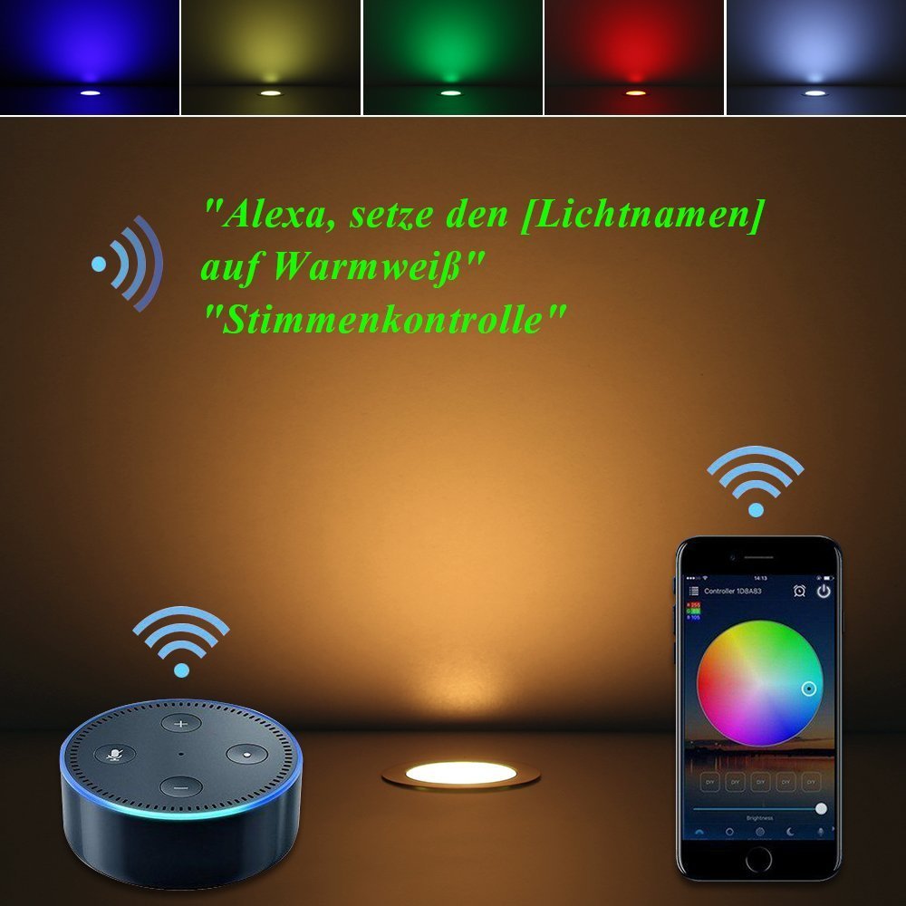 10er WiFi RGBWW Led Bodeneinbauleuchten Terrassenbeleuchtung Bodenstrahler Arbeitet mit Alexa,DC12V Ø31mm LED Einbaustrahler 0.6W LED Boden WiFi Wireless Smart bodeneinbaustrahler