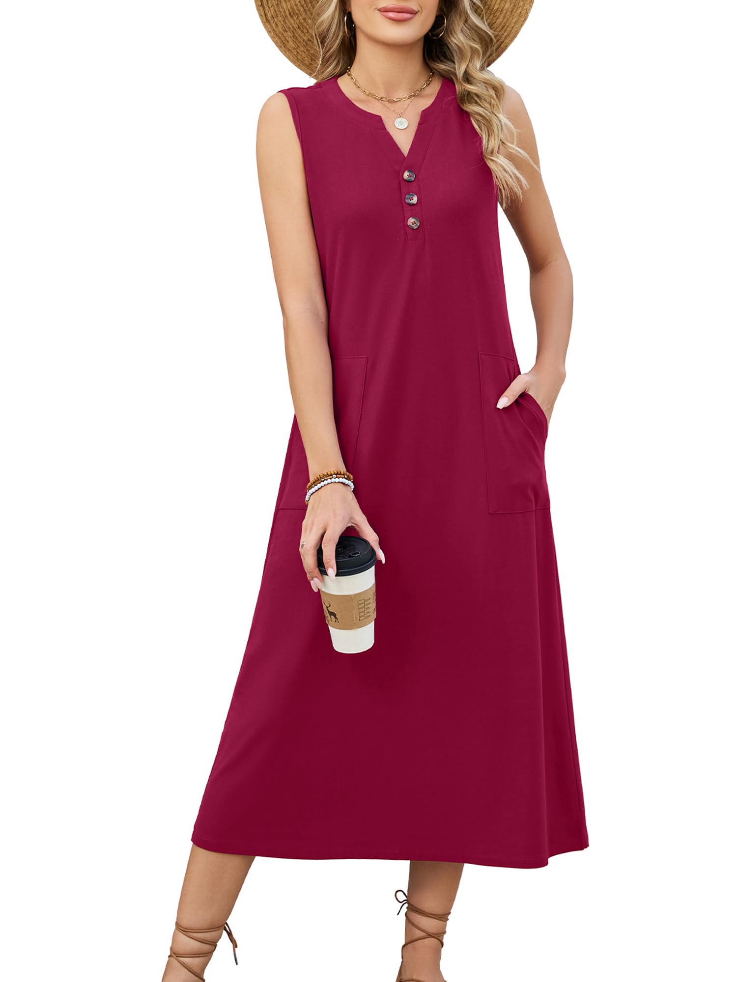 StylSense Sommerkleid Damen Lang Ärmellos Midikleid V Ausschnitt Elegant Blumenkleid Casual Strandkleid mit Taschen