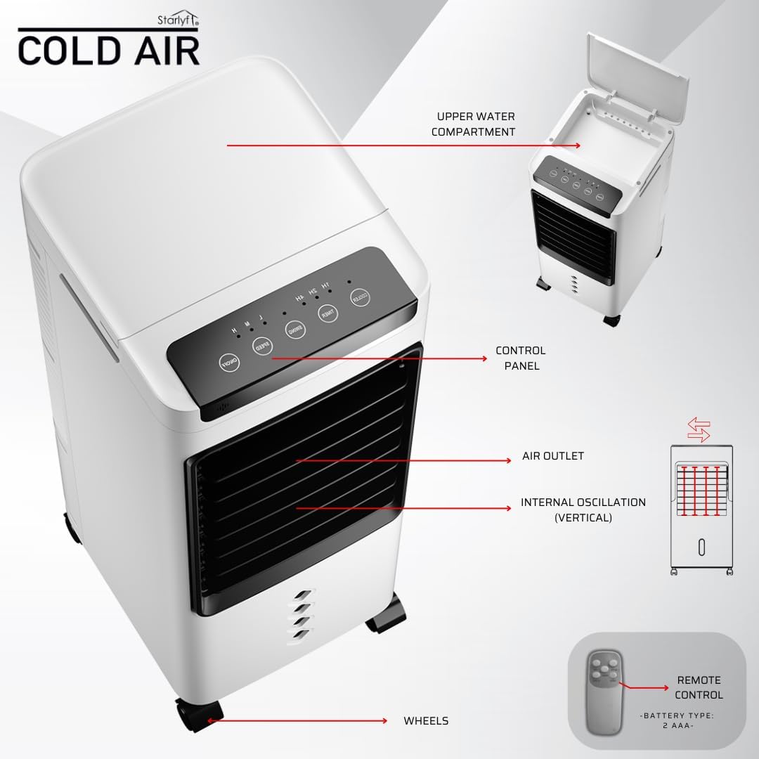 Diagram of STARLYF Cold Air unit highlighting control panel, air outlet, internal oscillation, wheels, and remote control