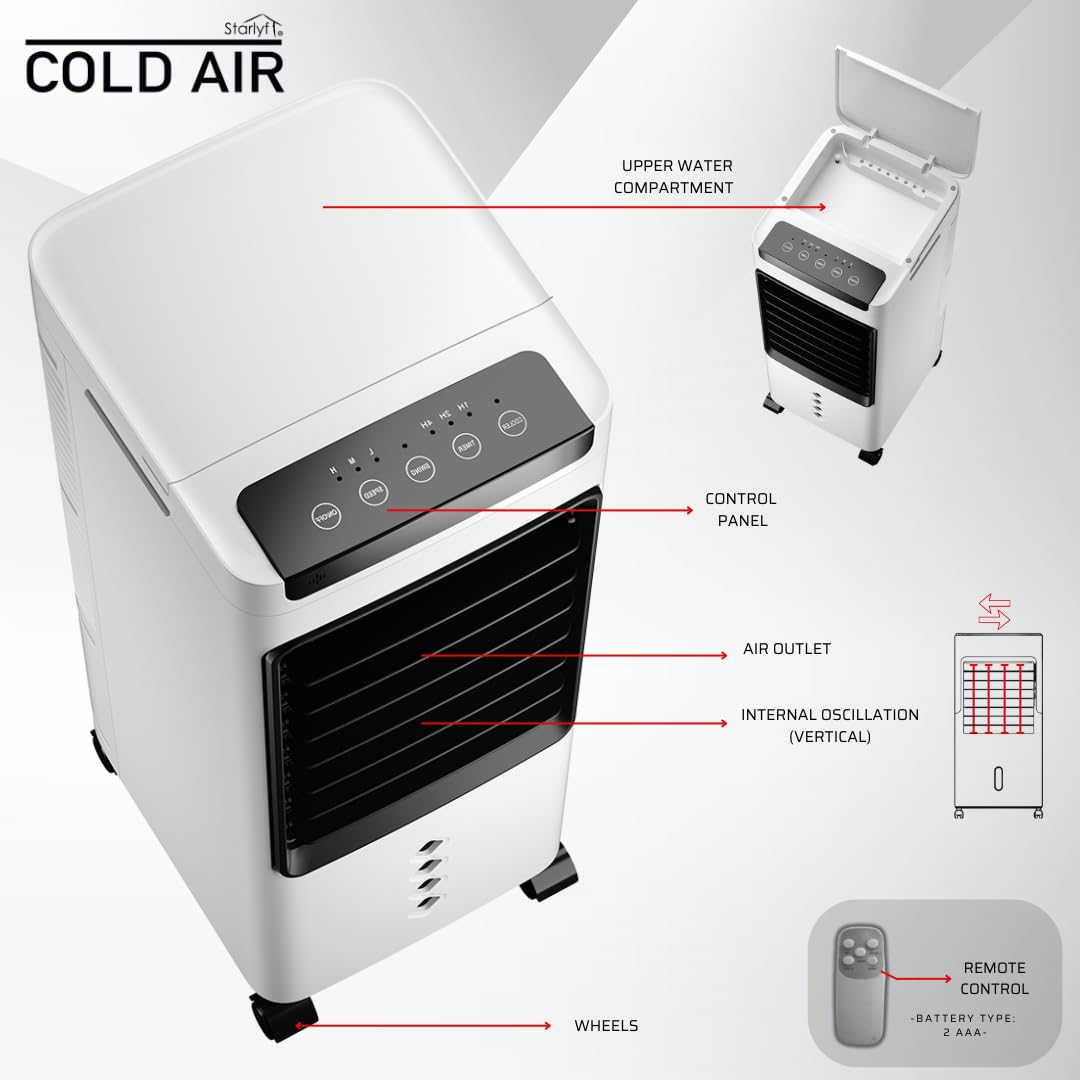 STARLYF Cold Air -Rafraîchisseur d’Air Portable – Climatiseur Évaporatif avec Réservoir d’Eau – Air Frais sans Installation – Faible Consommation, Compact et Silencieux pour Maison et Bureau