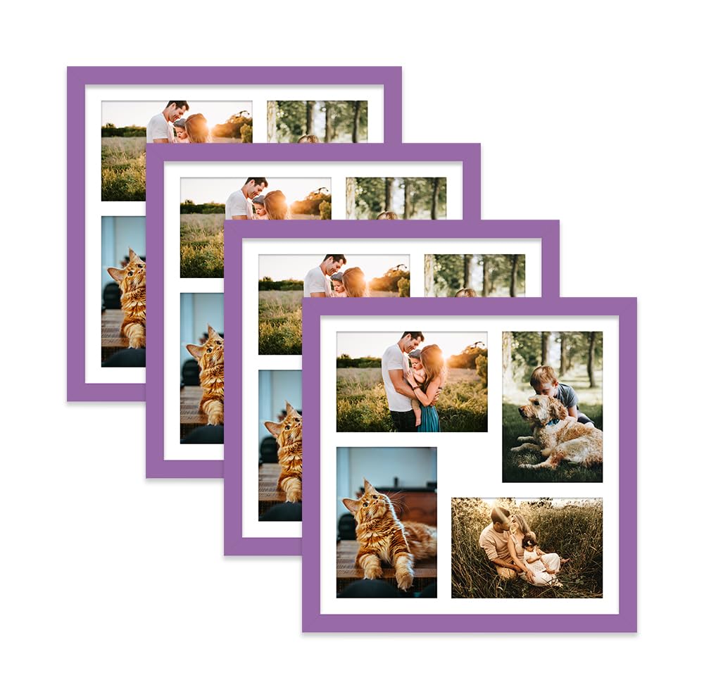 Purple Multi Photo Frame - Holds 4 x 6x4 Pictures, Family Collage Picture Frame for Wall Display, 12x12 Frame size, Set of 4