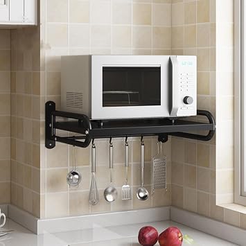 Microwave Shelf Wall Mount, Carbon Steel Microwave Oven Shelf | Microwave Oven Shelf with 6 Hooks to Load Capacity 66lbs for Home Kitchen Laundry and Living Room