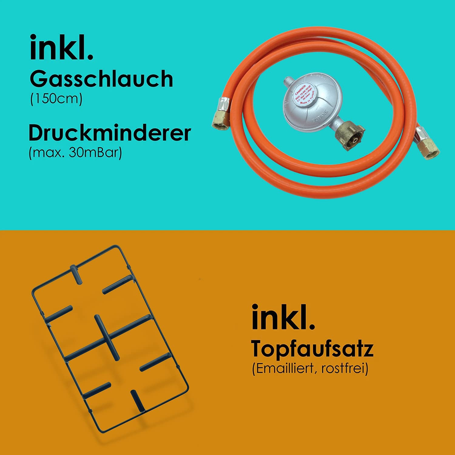 Deluxe 2-flammig Edelstahl Gaskochfeld Innenbereich, Indoor & Outdoor mit Zündsicherung und Piezo-Zündung Gasherd | Einbau oder freistehend | tragbarer Campingkocher | inkl. Gasschlauch+Regler