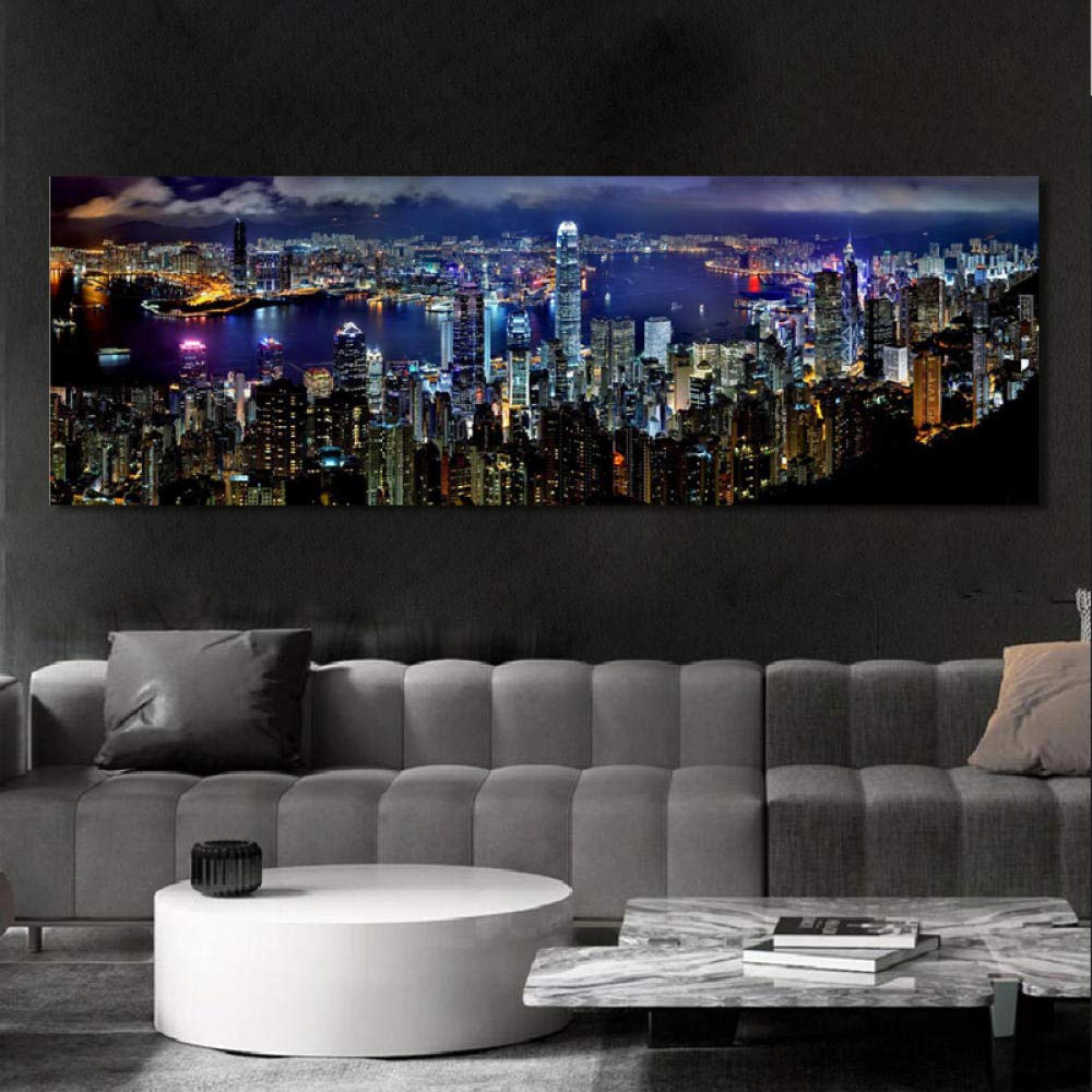MGSHN Landscape Posters and Prints Wall Art Canvas Painting Hong Kong City Night Scene Decorative Pictures for Living Room Home Decor - 50x150cm (no Frame)