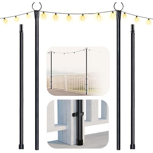 IDZO Heavy Upgrade Duty Outdoor String Light Pole for Deck Fence or Patio Railing, 2 Packs, 9.2Ft, Deck Poles for String Lights with Bracket Kit for Parties, Wedding Decor
