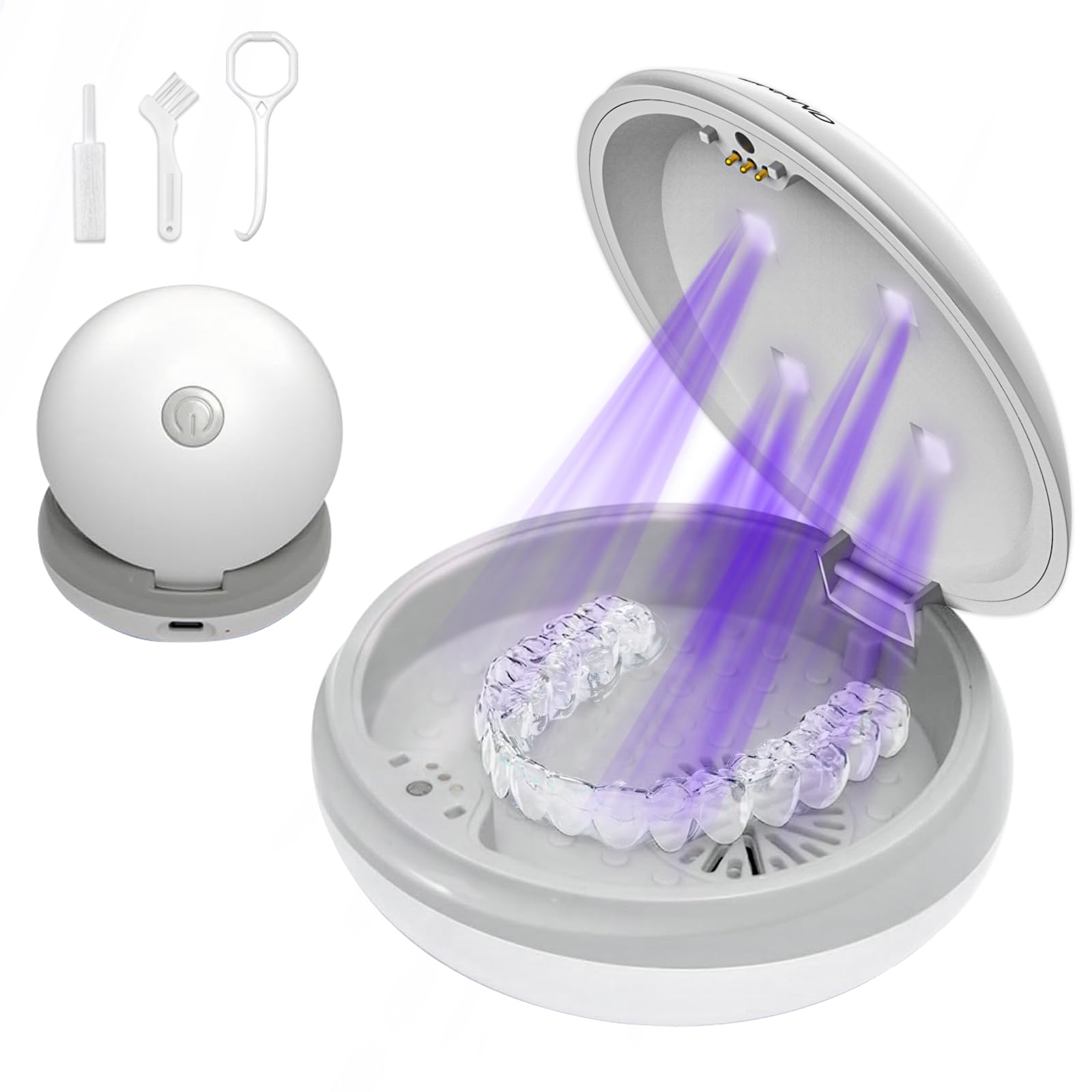 U-VC Retainer Cleaning Machine with Fan, New U-VC Retainer Case, with Brace Case, Mouth Guard Case, Dentures, Aligner Case in Just 3 Minutes with Vent Holes (white）