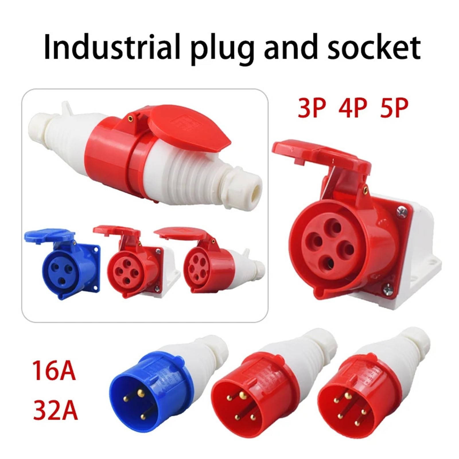 Connecteur industriel étanche IP44 3 broches, 4 , 5 , 16 A/32 A, prise murale(Industrial plug,16A-3P)