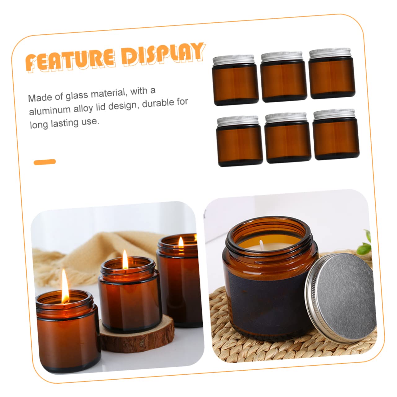 LIFKOME Pots à Bougie avec Couvercles 120g en Alliage D'aluminium, Récipients Remplissables 6pcs en Verre Marron pour Fabrication de Bougies Artisanales