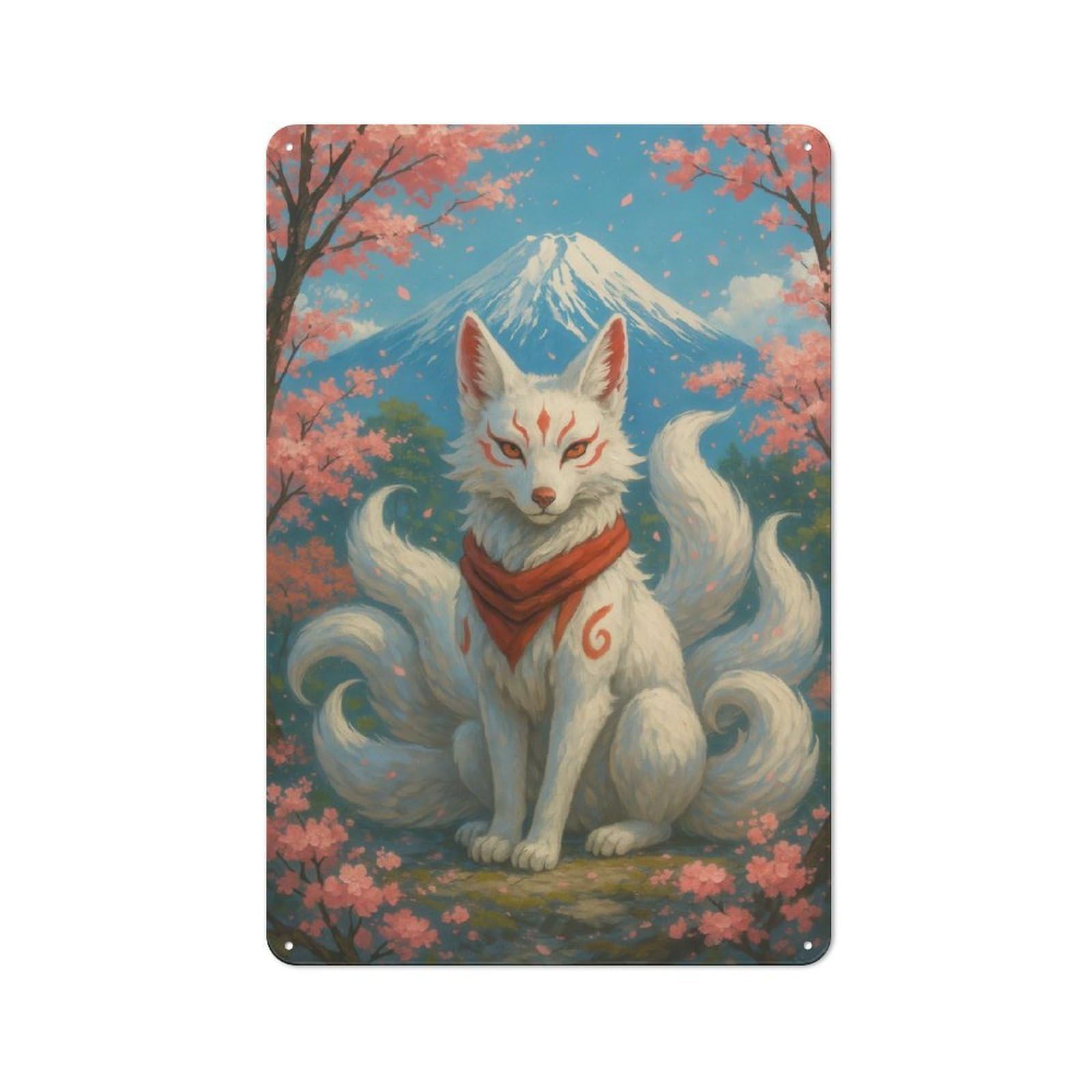 Vintage Tin Sign 30x20cm Featuring Nine-tailed Fox with Mount Fuji for Bar Or Restaurant, A Decorative Christmas Gift for Bar Decor Enthusiasts
