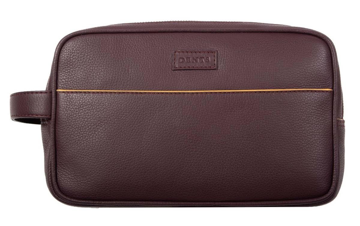 Bolsa de lavado de piel granulada con dos cremalleras para hombre, Burdeos/marrón claro, Talla única