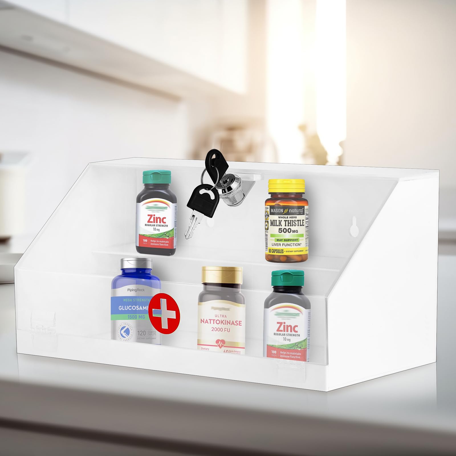 CiaoHER Wall Mount Acrylic Medicine Lock Box, Drug Cabinet with Key, Frist Aid Kit Medication Storage Locking Cabinet for Home School Clinic (White)