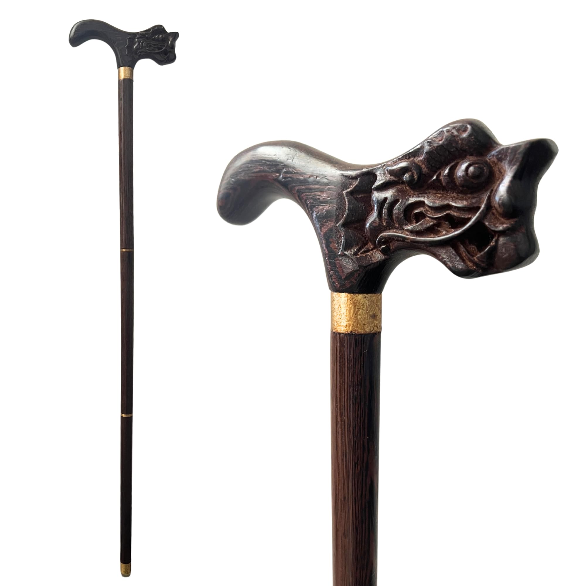 THY Collectibles Wooden Cane Detachable Walking Stick with Rubber Tip for Men and Women Ergonomic and Fashionable - 36 inch Brown with Dragon Shaped Derby Handle