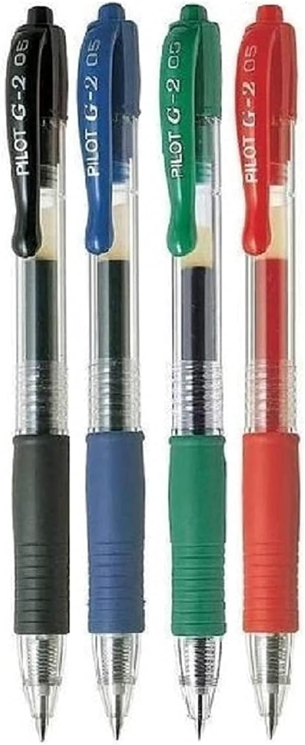 G2 Assorted Pack Retractable Rollerball Pen Pens Extra Fine Gel Ink Refillable 0.5mm Nib Tip 0.3mm Line G2-5 (1 Of Each Colour - 4 Pens - Black Blue Red Green)
