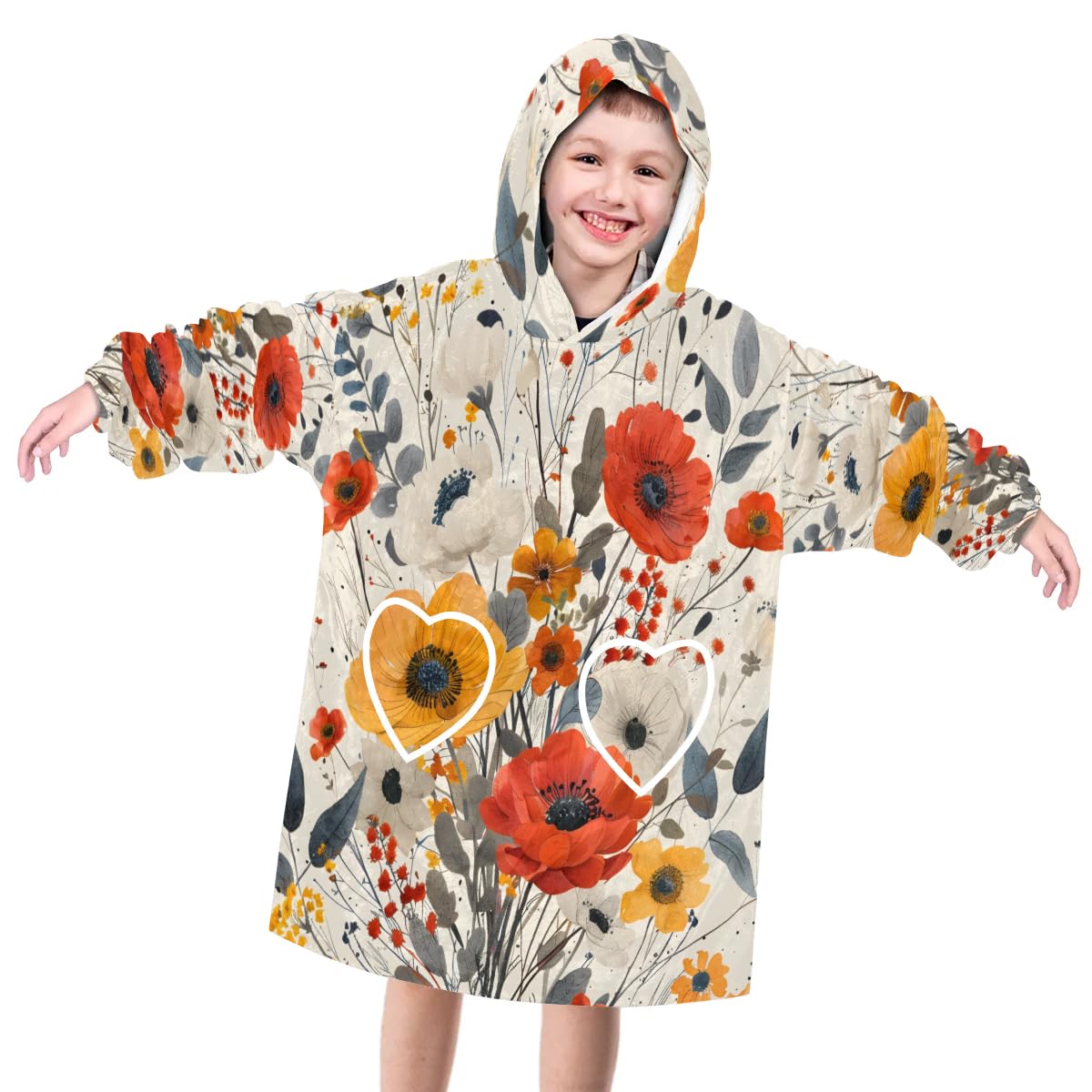 Wearable Blanket Hoodie for Kids, Pretty Floral Fleece Sweatshirt Blanket Oversized Blanket Sweatshirt with Pocket Flannel Warm Hooded Blanket 6-10 Year Old Girl Boy Gift, One Size