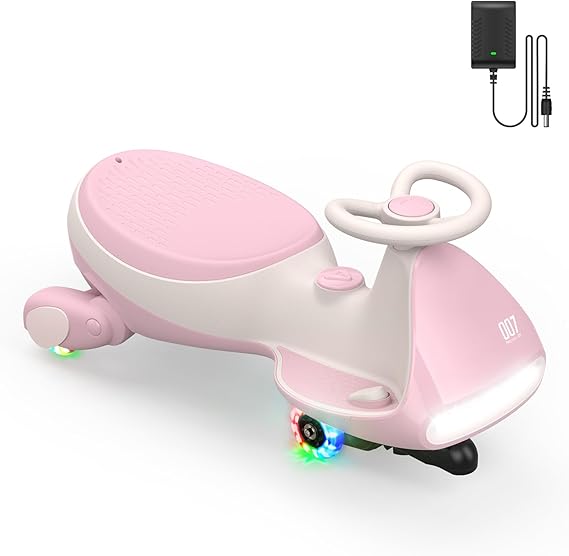 FanttikRide N7 Pro Electric Wiggle Car with Pedal, Rechargeable Battery, CyberWiggle, 2 in 1 Swing Car, 2 Speed, Anti-Rollover, Flashing Wheels, Bluetooth, for Ages 3 and Up, 150 Lbs,Pinkish White