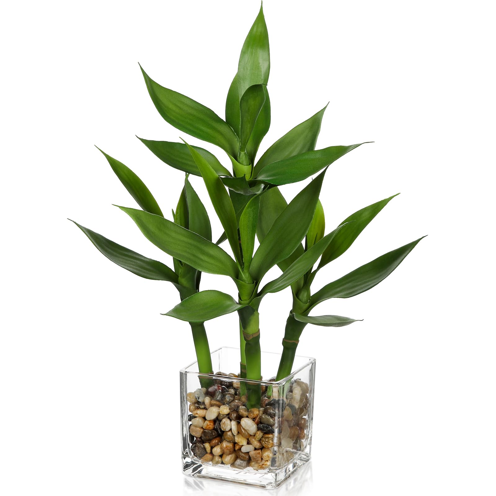 Artificial Lucky Bamboo Plant 17.3 Fake Plant in Rectangular Glass Pot for Centerpiece Table Decorations Farmhouse Wedding Home Greenery Decor