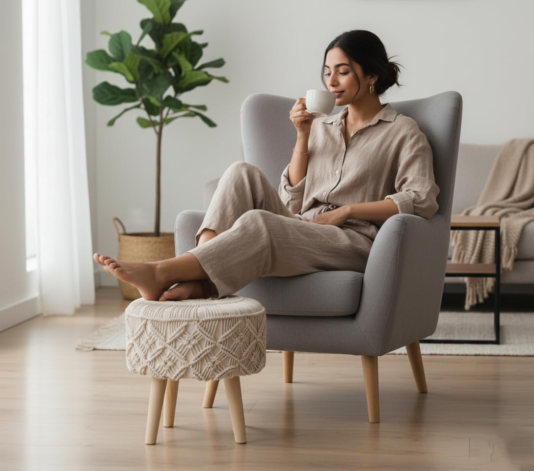 Patiofy Ottoman Pouffes Macrame Sitting Stool for Living Room, Ottoman Stool for Living Room, Wooden Stool, Footrest Stool for Home, Office, Patio, Macrame Hand Knitted Luxury Stool- Beige-image-42