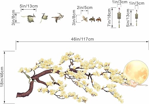 Miniatura 4 de PinkEleph Calcomanías de pared de flor de cerezo  Rama de árbol de pájaros, luna amarilla, flores, calcomanías de pared  Sala de estar, dormitorio,