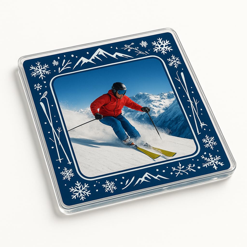 The Plum Penguin Skiing Interactive Acrylic Coaster Gift With Custom Photo Slot - Slope Spectra Ski Enthusiast Home Decor For Adventurous Spirits