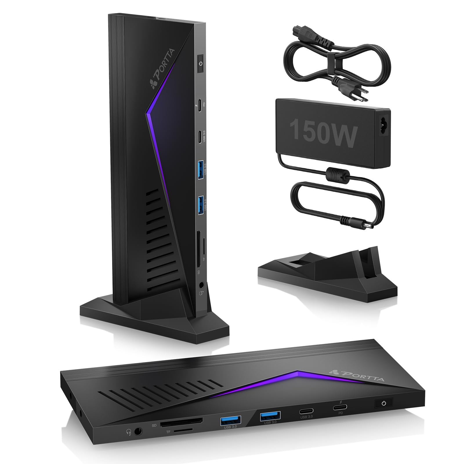 PORTTA 14 in 1 Displaylink Docking Station Triple Monitor 4K 60Hz with 150W Power Adapter, HDMI x3, USB x6, Ethernet, SD/TF, 100W PD, Audio/Mic, Compatible with MacOS/Windows SST/MST, Driver Required
