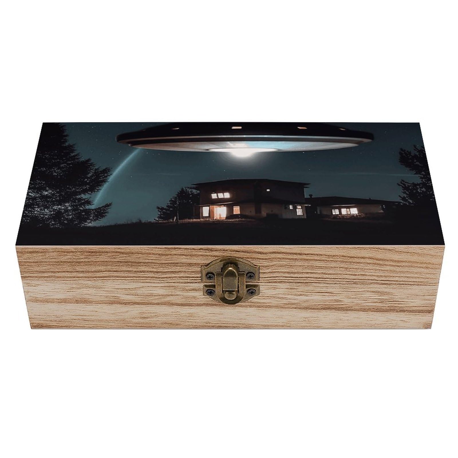 Spacecraft at Night Wooden Storage Box Vintage Keepsake Boxes With Hinged Lid Jewelry Memory Box Christmas Gift Boxes Office Desk Organizer For Home Decoration