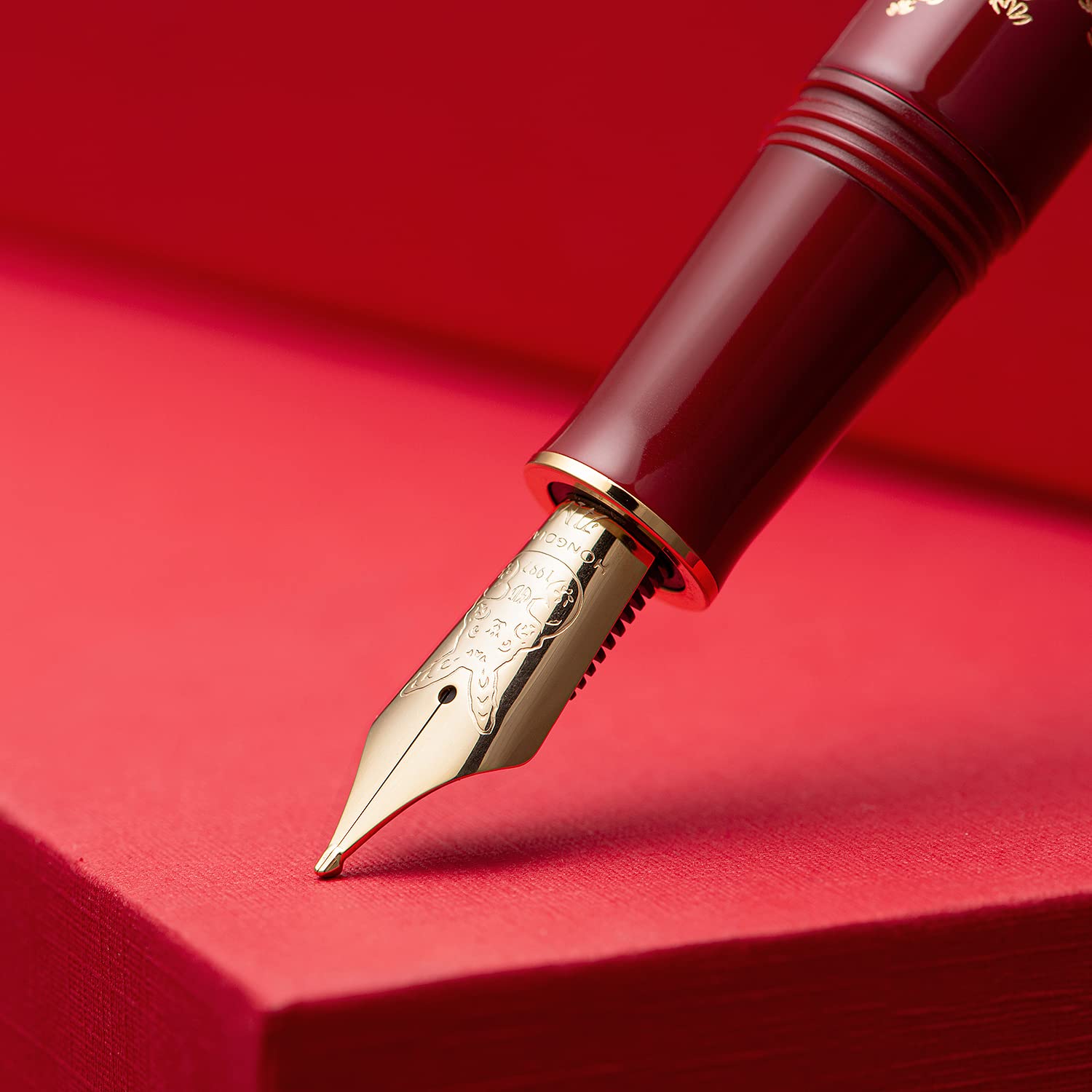erofa Hongdian N23 Red Rabbit Füllfederhalter, Lange Klinge Mittlere Spitze Gold Trim, jahr Glück Hase Schnitzerei Design, Glatt Schreibstift mit Konverter und Metall Stift Box Set