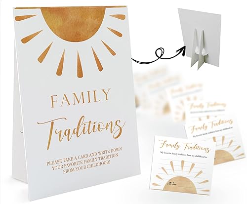 Juego de juegos de baby shower de tradiciones familiares favoritas con temática solar (1 letrero y 20 tarjetas), juegos para baby shower, despedida