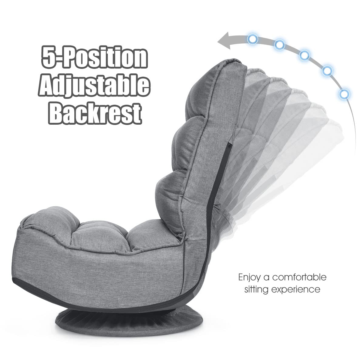 LIFEZEAL Chaise de Sol Pivotante à 360°Réglable en 5 Positions, Fauteuil Sol avec Dossier Réglable, Chaise de Méditation en Mousse, Design Pliable, Charge Maximale 150 kg (Gris)