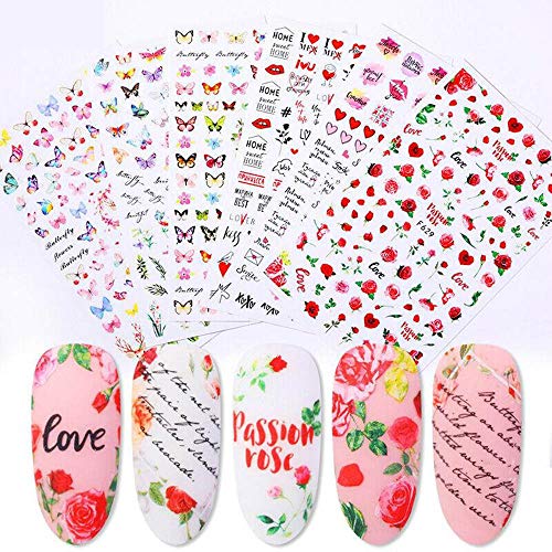 Dufy Butterfly Nail Art Stickers Decals, 6 Large Sheets Romantic Rose Design Nail Art Supplies for Women, 3D Self-Adhesive Nail Foil Decorations Summer Style for DIY Nail Art Dating Decorations