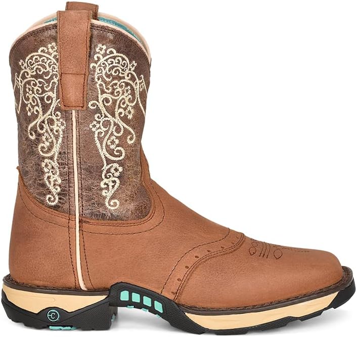 CORRAL LADIE'S TAN HYDRO RESIST SADDLE VAMP/BROWN TOP FARM&RANCH DUAL DENSITY SOLE SQ TOE, RUBBER SOLE, RANCHING W5006