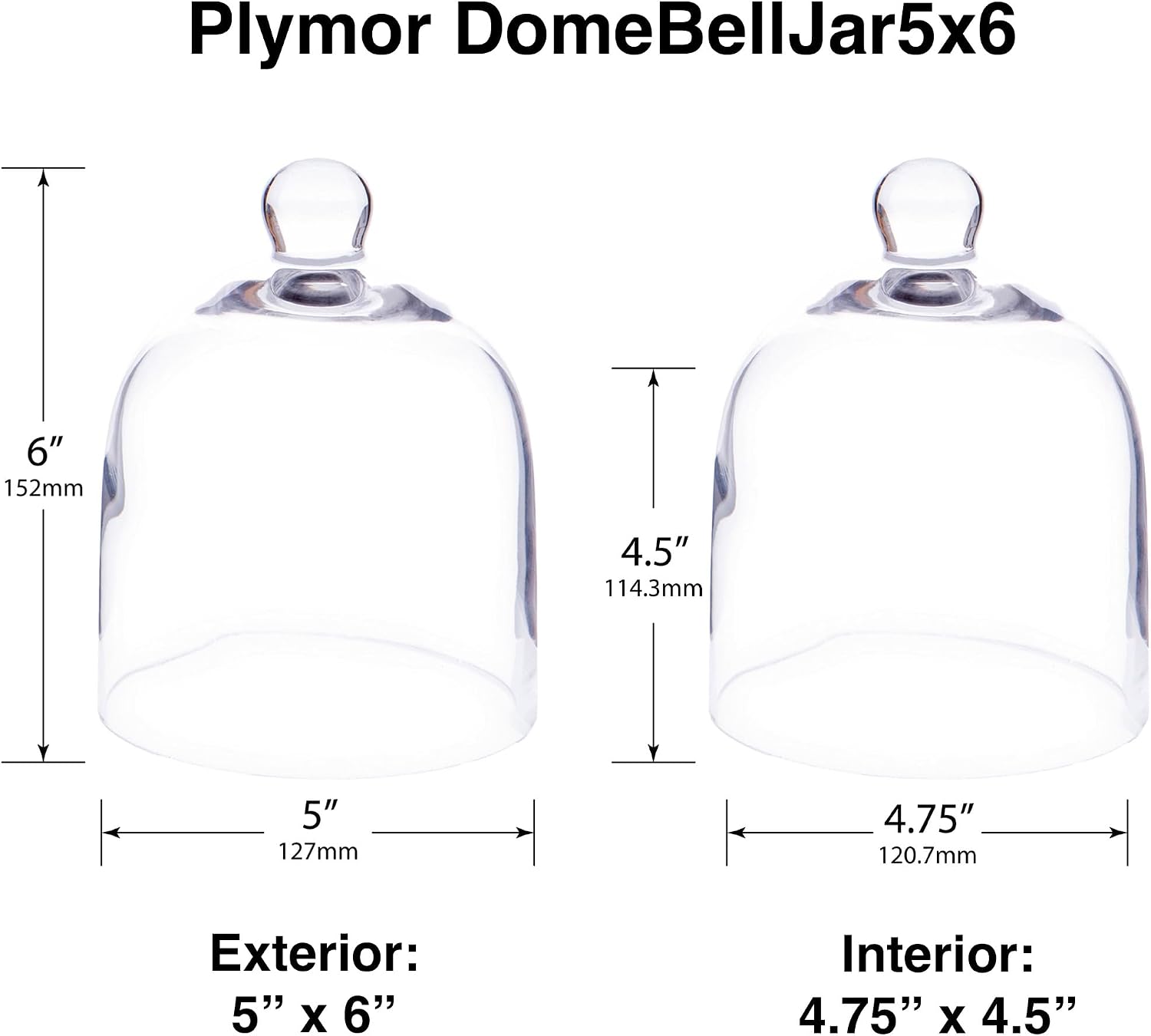 Plymor 5" x 6" Bell Jar Glass Display Dome Cloche, Walnut Wood Veneer Footed Base (Interior Size 4.75" x 4.5")