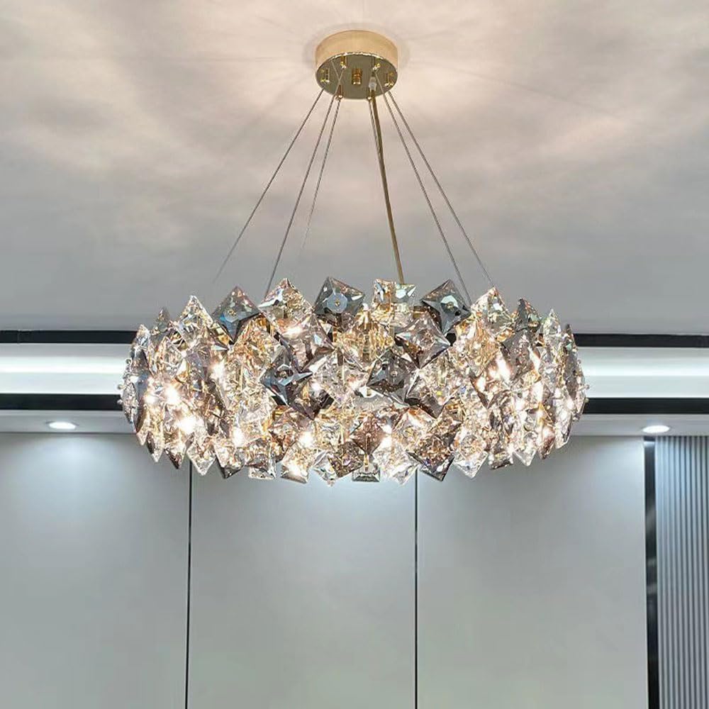 Modern Crystal Chandelier for Dining Room, Gold Farmhouse Crystal Pendant Light, Vintage Ceiling Lighting Fixture for Kitchen Island, Living Room, Bedroom, Hallway, Foyer, W-19.7”