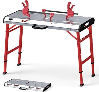 Goplus 42x21 Portable Folding Welding Table - 1000lbs Capacity, 7-Level Height Adjustable, 2 Clamps, Tool Slots, Heavy Duty Garage Workbench