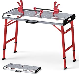 Goplus Portable Welding Table, 42" x 21" Folding Height Adjustable Weld Table Top w/1000LBS Capacity, 2 Bar Clamps, 8 Tool Slots, Handle, 0.7” Holes, Heavy-Duty Workbench Fixture Table for Garage