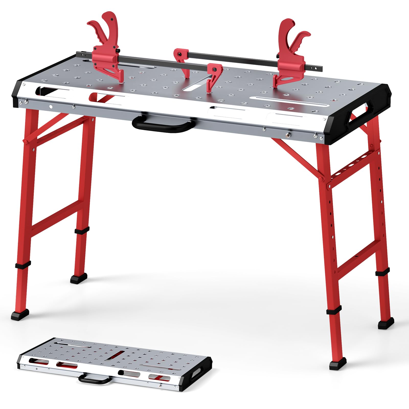 Goplus Portable Welding Table, 42" x 21" Folding Height Adjustable Weld Table Top w/1000LBS Capacity, 2 Bar Clamps, 8 Tool Slots, Handle, 0.7” Holes,
