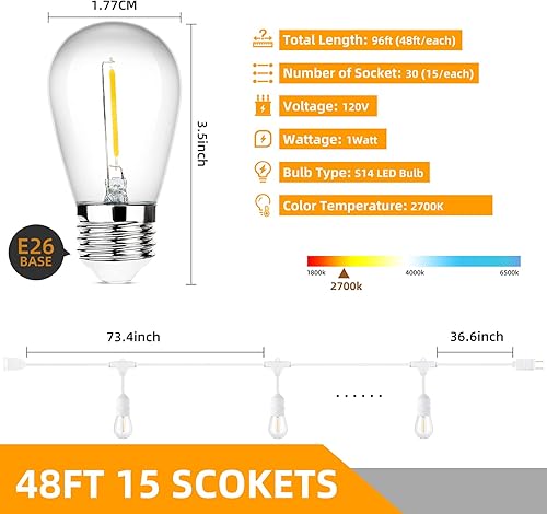 Miniatura 6 de Cadena de luces para exteriores de 96 pies (48 x 2), luz de patio de alambre blanco resistente de grado comercial con bombillas LED S14