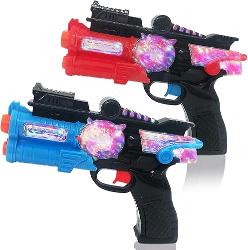 ArtCreativity Pistolas de juguete iluminadas para niños, juego de 2, lanzadores espaciales rojos y azules con LED intermitentes y efectos de sonido,