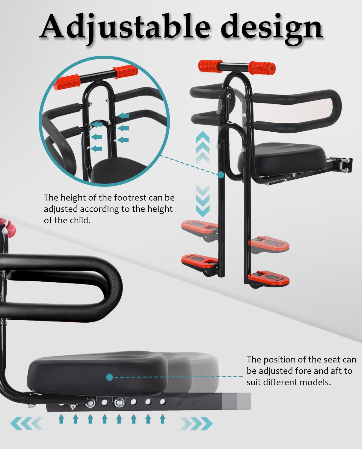 Seggiolino da Bambino Anteriore per Monopattino e Bicicletta Elettrica con Sella e Poggiapiedi, Compatibile Bicicletta Ibrida, Cruiser e Bici da Città, per Bambini dai 2 ai 6 anni