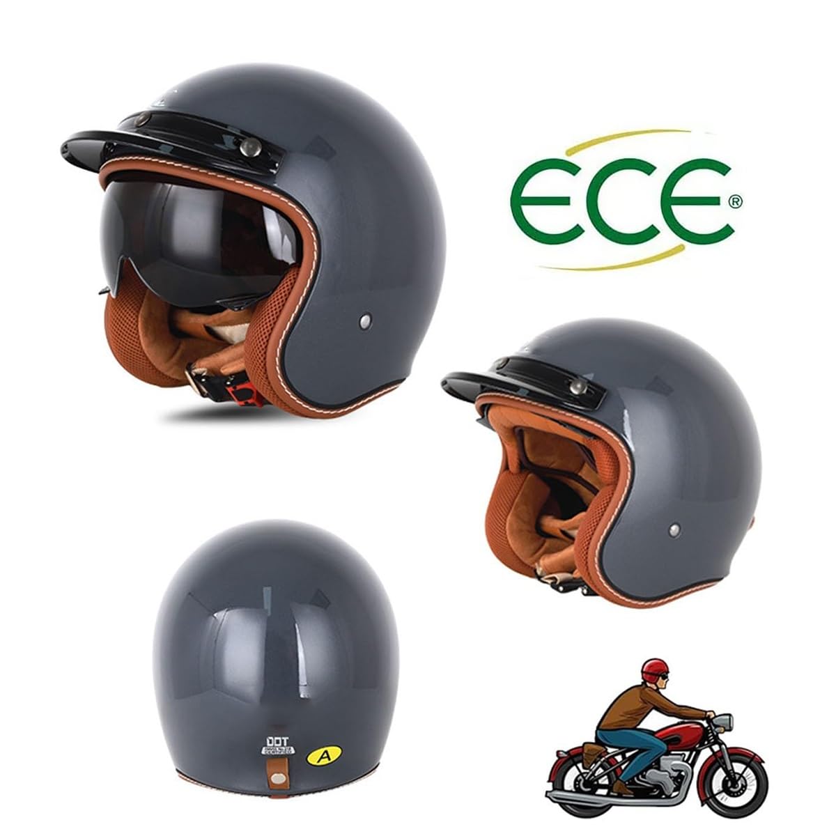 EBAYIN Casque Jet Vintage Casque De Moto Ouvert for Scooter, Moto Jet for Hommes Et Femmes, avec Pare-Soleil Vélo Électrique Vélo De Route Homologué ECE(J,XL=(61~62cm))