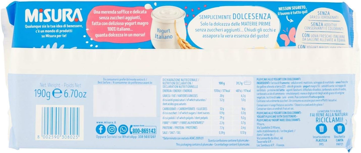 8X Misura Dolcesenza Plumcake allo Yogurt Italiano Senza Zuccheri Aggiunti 6 Monoporzioni 190g [CAIYA® BOX da 8 Confezioni]