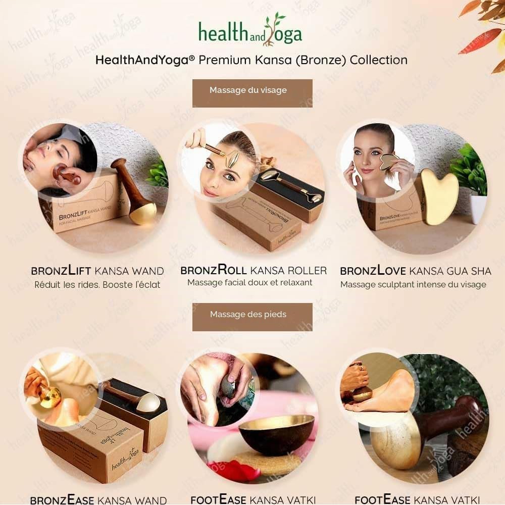 HealthAndYoga BronzLift Kansa Baguette – Capuchon en bronze des deux côtés – Flacon d'huile de beauté ajoutée pour le visage – Outil de beauté ayurvédique pour le visage, le cou et sous les yeux –