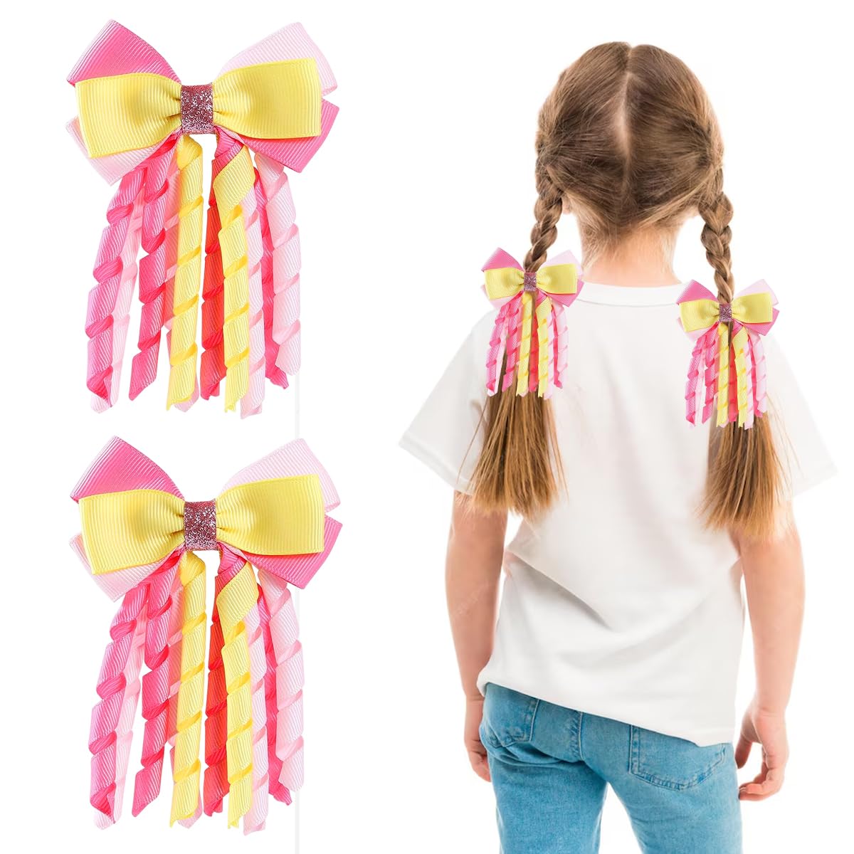 PALAY® 2Pcs Ribbon Bow Hair Clips for Girls Cute Pink Golden Curly Tailed Bow Hair Clips for Girls Hair Pins Headpieces for Girls Sweetly Stylish Girls Hair Clips.