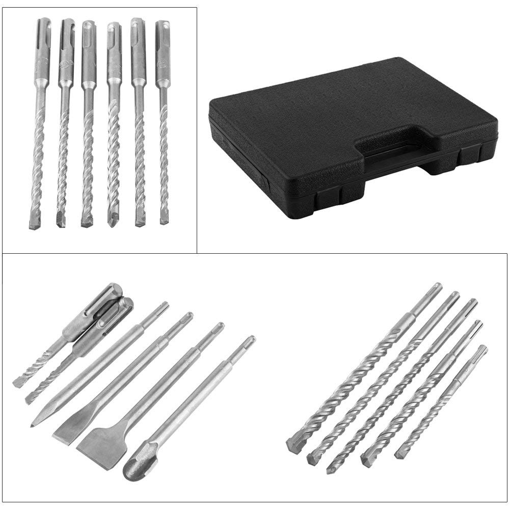 Juego de 17 brocas SDS, juego de brocas de martillo mixto y cincel con estuche de almacenamiento, accesorios de taladro de martillo giratorio para hormigón, azulejos, ladrillo, cemento (azul)