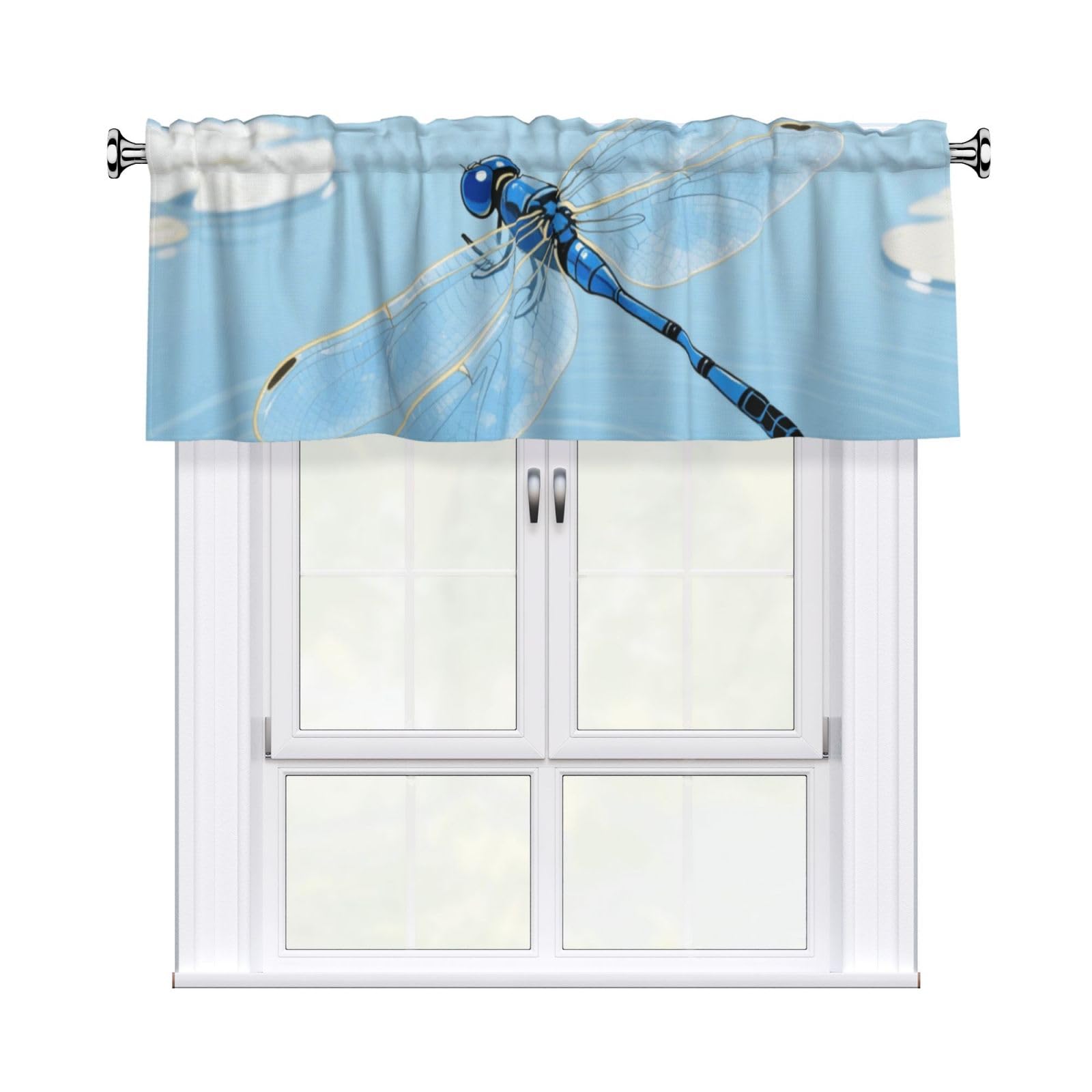 FekiLoot Blue Vintage Dragonfly Curtain Valance for Windows, Kitchen Window Valances Rod Pocket Window Treatments Short Curtains Drapes for Bathroom Bedroom Cafe Decor 54x18inch 1 Panel